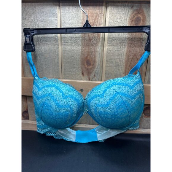 Victorias Secret 36DD Plunge Lace Push-Up Bra Blue With Rhinestone Bow Detail Ny
